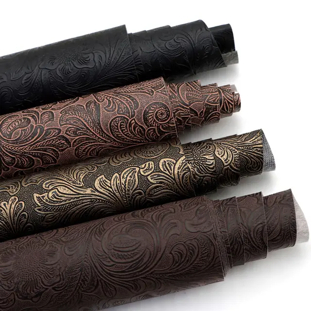 Designer Floral 0.6 mm Emboss Carved Metallic Leather Vegan Faux Synthetic PVC Leather Upholstery Fabric for Upholstery Desk Pad