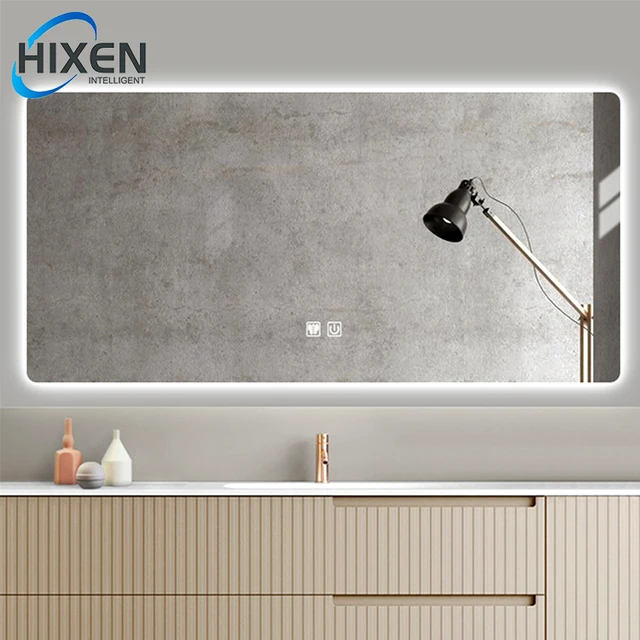 HIXEN 18-8B China Silver Hotel Modern Rectangle Smart LED Light Vanity Switch Wall Bathroom Toilet Backlit Mirror