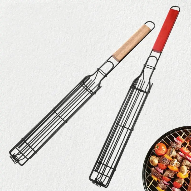 Outdoor Home Grill Stainless Steel BBQ Utensils Wood Handle Heat Resistant Non-Stick Skewers Vegetable Splint Cage Metal Tools