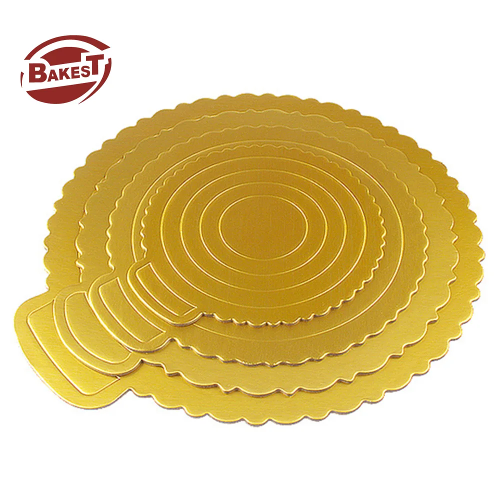 Bakest Disposable Mousse Cake Board With Handle 6/8/10/12 Gold Round Cake Dessert Paper Bases Golden Waterproof Cake  Pads Board