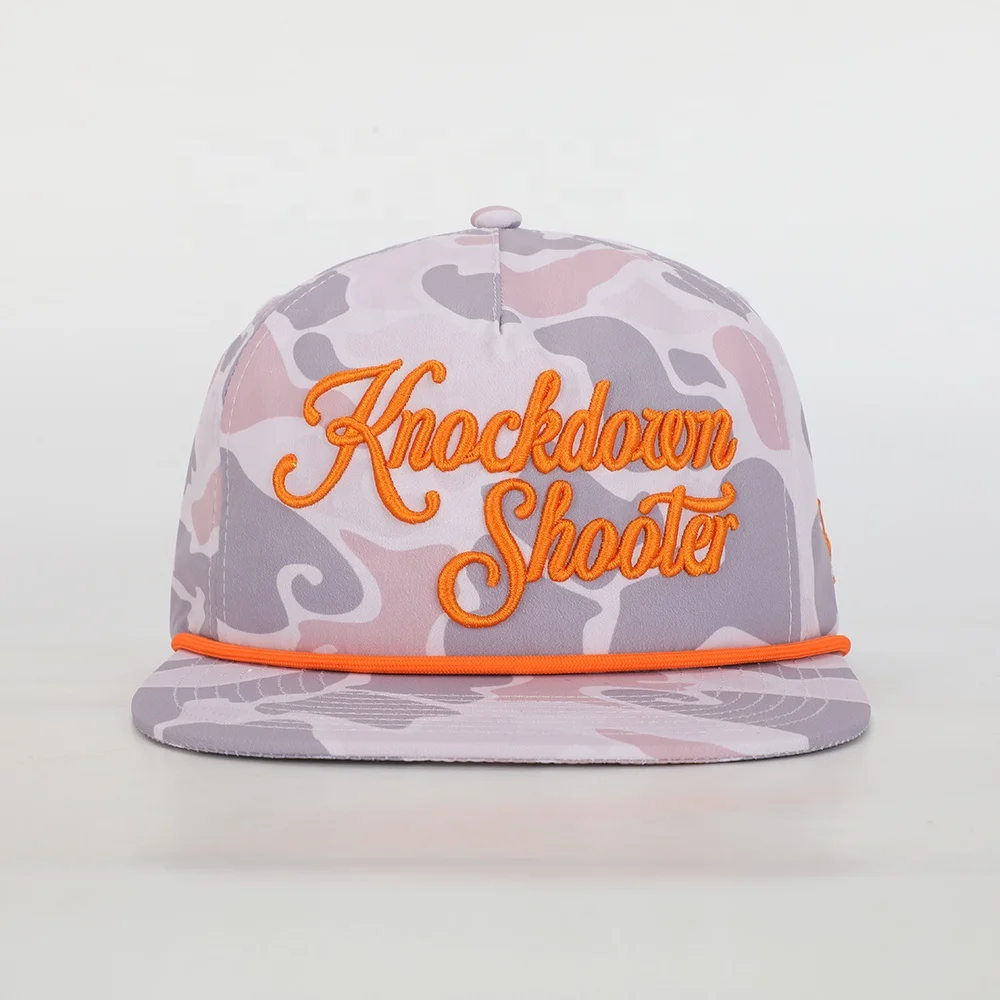 Custom Print Duck Camo Embroidery Logo Old School 5 Panel Gorras Flat Bill Snapback Hat Unstructured Rope Cap