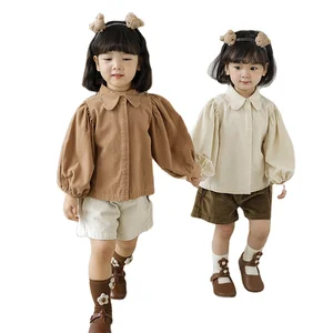 Toddler Baby Solid 100% Cotton Shirt Lantern Sleeve Turn-Down Collar Kids Blouse for Girls