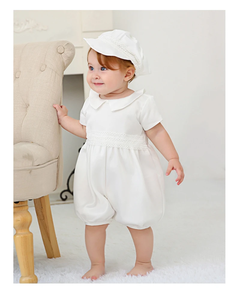 Wholesale Short Sleeve With Hat White Cotton Baptism Boy Clothes
