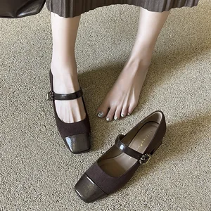 332-77 Microfiber Leather Spliced Square Toe Thick Heel High Top Fashion Trend Women's Mary Jane Shoes Buckle Strap Spring