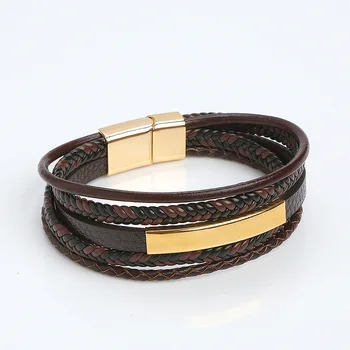 Hot Selling Multi Layer Woven Leather Bracelet Stainless Steel Men's Braided Alloy Magnet Clasp Leather Bracelets & Bangles