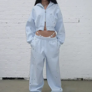 LYG Custom Zip Two Piece Set Rhinestone Naillet BABY BLUE Heavyweight Studded Eyelet Cotton Oversized Streetwear Y2K Designer