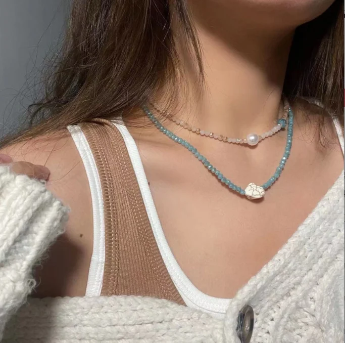Bohemian Style 10 Kinds Star Shell Pearl Turquoise Charm Faceted Crystal Beads Choker Necklace Set for Women Girls