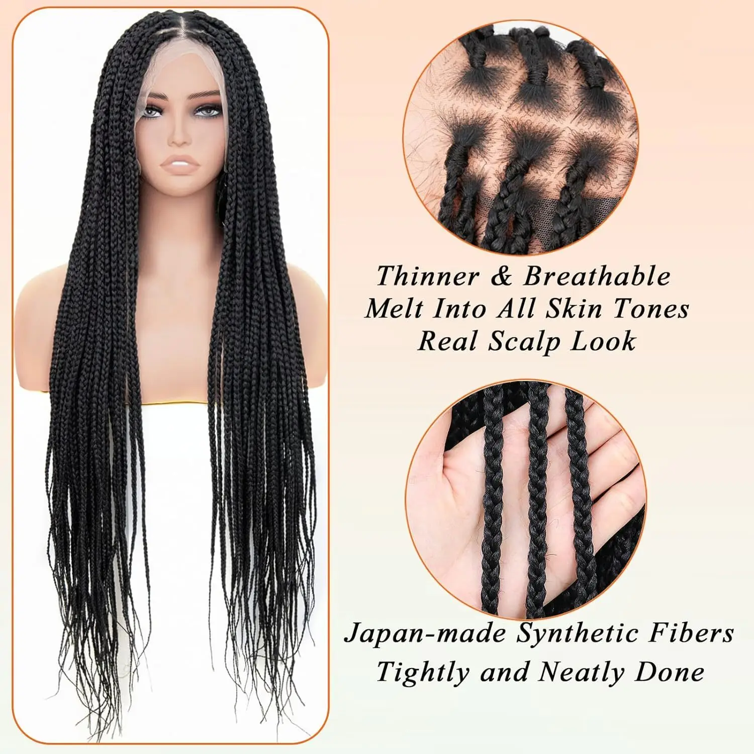 36 Inch HD Full Lace Knotless Braided Wigs, Natural Black  display picture 2