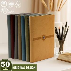 Low MOQ Premium A5 Vegan Leather Artistic Emboss Rotatable Metal Badge Recycled FSC Paper Custom Design Branding Office Notebook