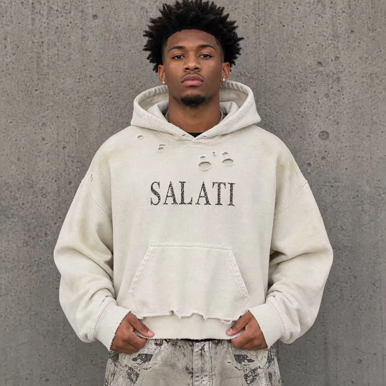 OEM Custom Cream Washed Men Hoodies Ripped Hole Oversized Pullover Raw Edge Long Sleeve Casual Streetwear Supplier Men Hoodie gallery 2