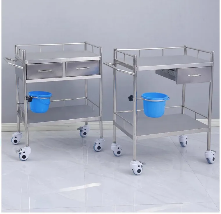 NEWOUYA Medical Products 2 Shelves Stainless Steel Nursing Trolley with Drawer
