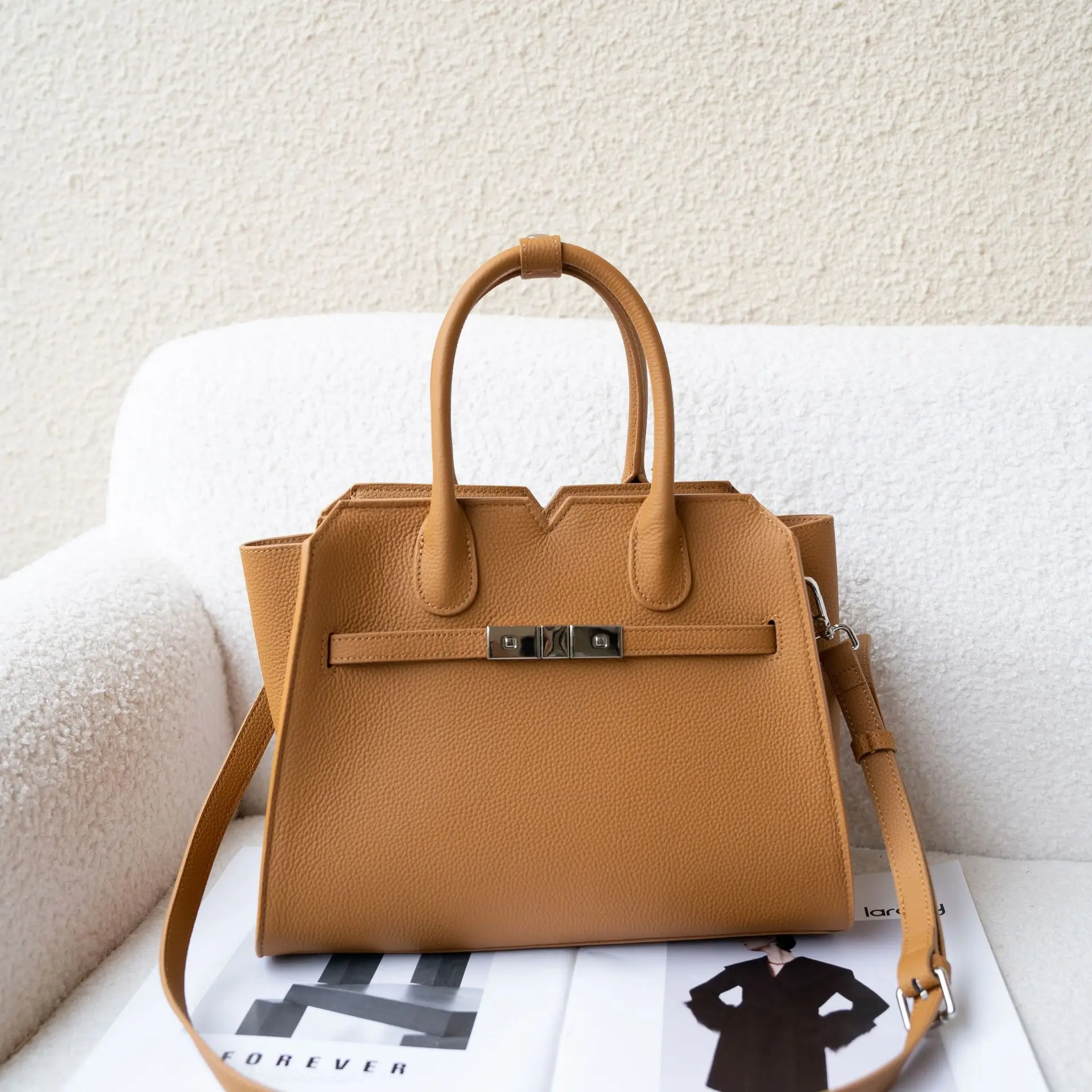 Genuine Togo Leather Handbags Fashion Tote Bag Women Shoulder Bag 25-40cm With Lock Scarf Horse Pattern