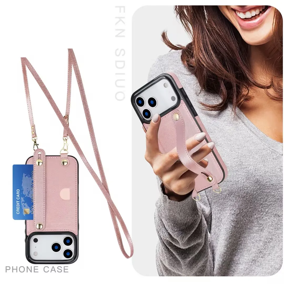 Étui portefeuille de luxe en cuir PU avec cordon et dragonne pour iPhone 17 Pro Max et porte-cartes magnétique_voghion.com