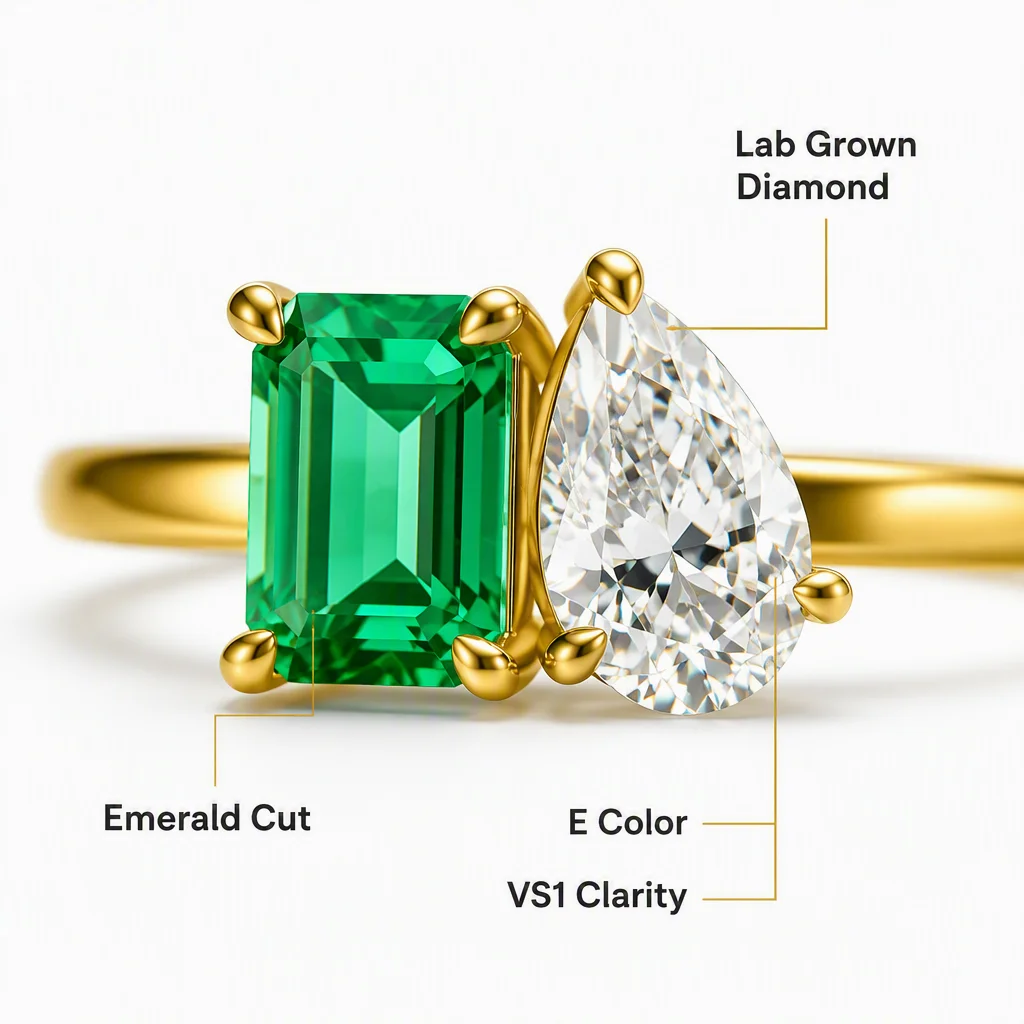 14K Gold Lab Grown Diamond Ring Emerald Cut Pear Round Lab Created Diamond Engagement Ring Lab Diamond Rings for Women