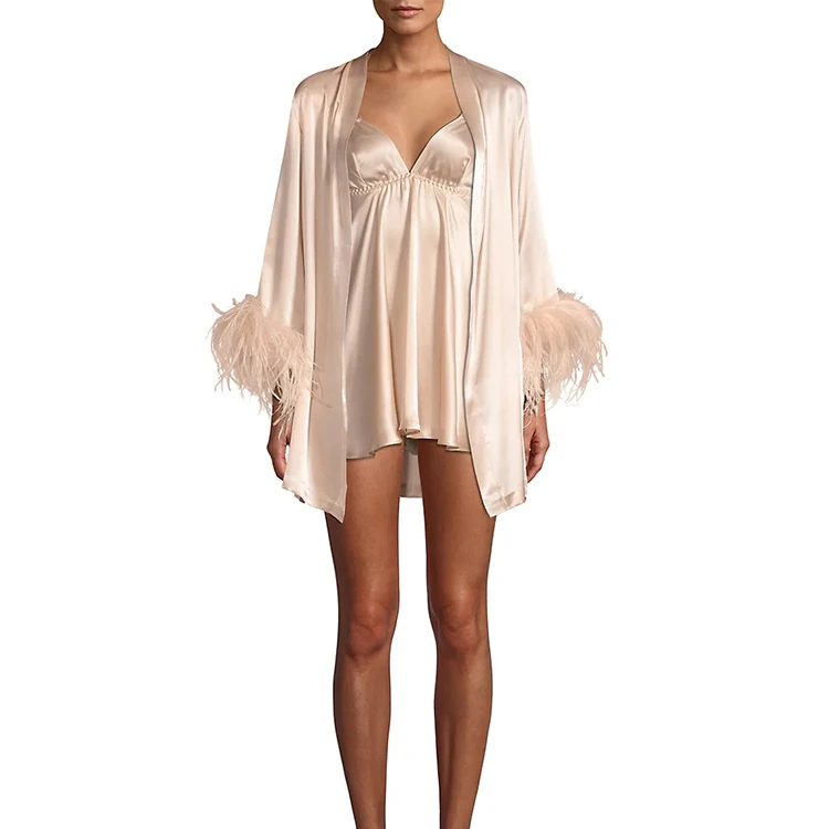 Luxury Feather Robe Ladies Pajamas Bath Lounge Wear Plus Versache Robes Femme Stretch Satin Silk Robe Women's Sleepwear