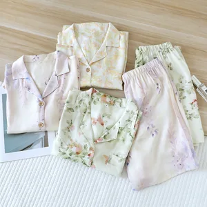 Wholesale Custom Logo Womens Pajamas Set 2PCS Button Down Vacation Floral Shorts Set Loungewear Pjs for Birthday Valentines Gift