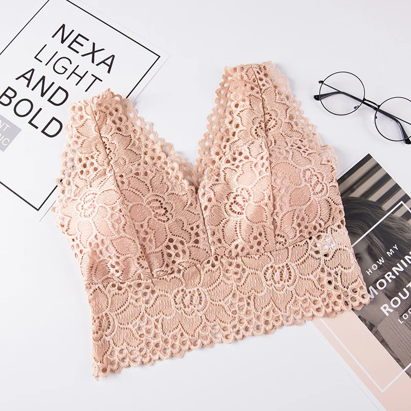 New Design Deep V Free Size Padded Full Lace Bralette Crop Top Encaje