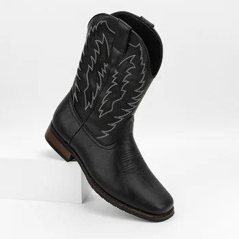 Elegant Men's Square Toe Cowboy Boots Easy Pull-On Roper Boots with Stylish Embroidery, Versatile Mid Calf Design
