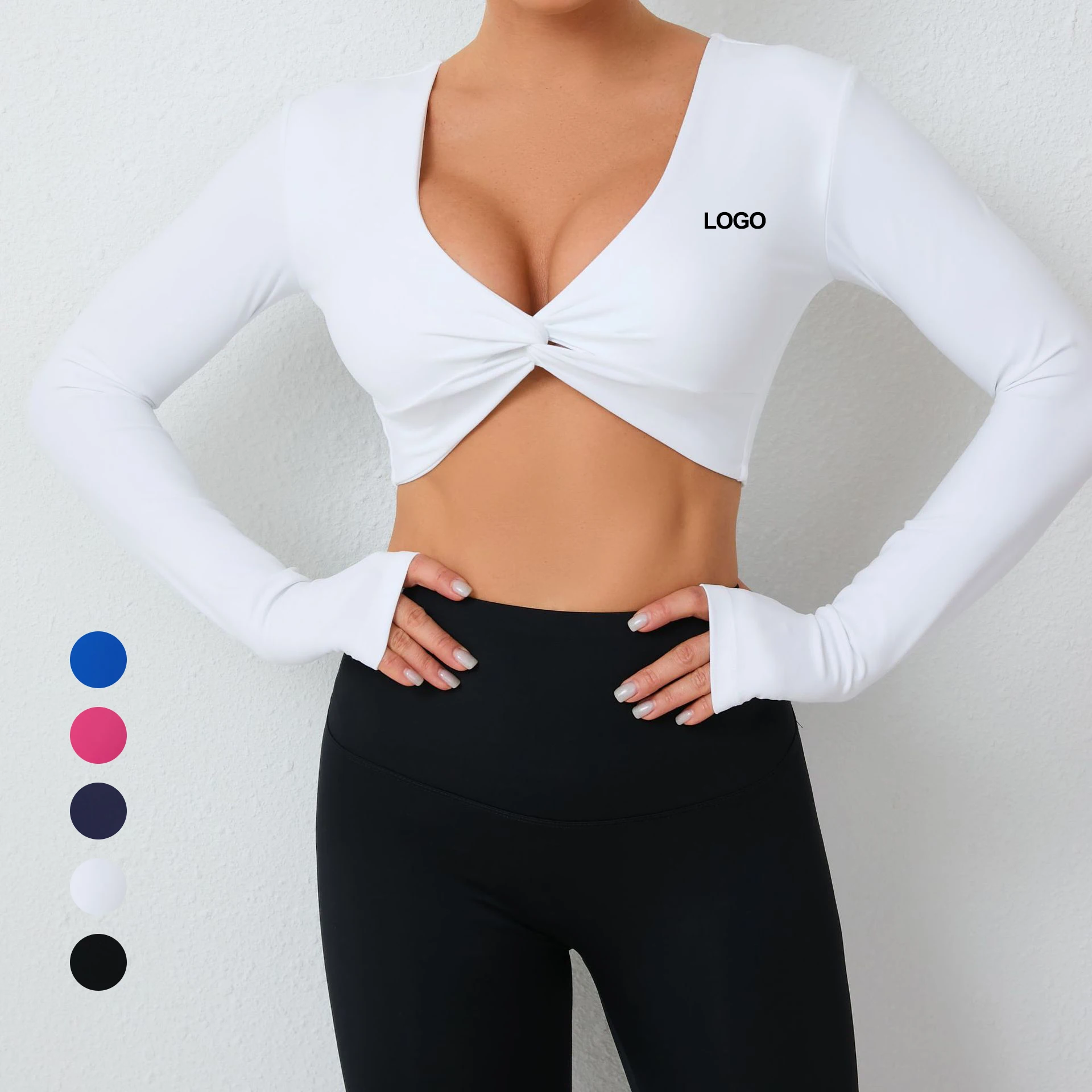 Top Yoga Femme Manches Longues – Crop T-shirt Sport Col V – Séchage Rapide – Nylon/spandex