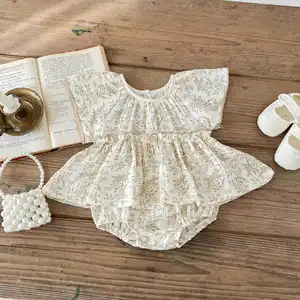 Summer New Born Clothes Casual Style Woven Crepe Printed Button Closure Flying Sleeves 100% Cotton Baby Girl ODM Rompers