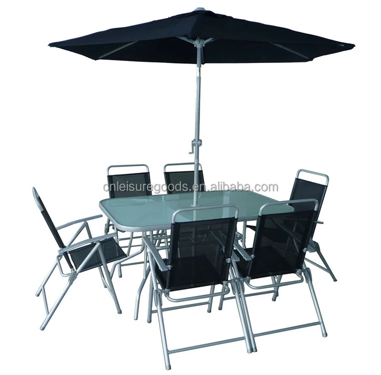 Uplion 6 seats folding steel outdoor garden furniture set patio dining table and chair with umbrella set