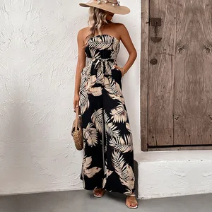 2026 Summer New Casual Vacation Jumpsuit, European and American Leaf Print Strapless Jumpsuit for Women