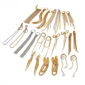 Hot Sale 18K PVD Gold Plated Stainless Steel Box Tassel Stud Earrings for Women Hammer Heart Long Tassel Chain Drop Earrings