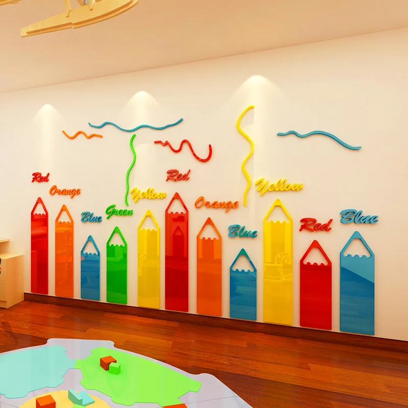 Creative Educational Self Adhesive Big Size 3D Acrylic Wall Sticker with Cartoon Design for Home Decoration Color Recognition