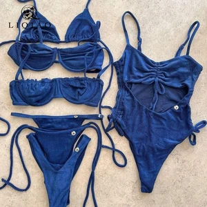 Navy Blue Velour 2 Piece Set Push up Halter Tankini Swimwear with Animal Print Digital Printing