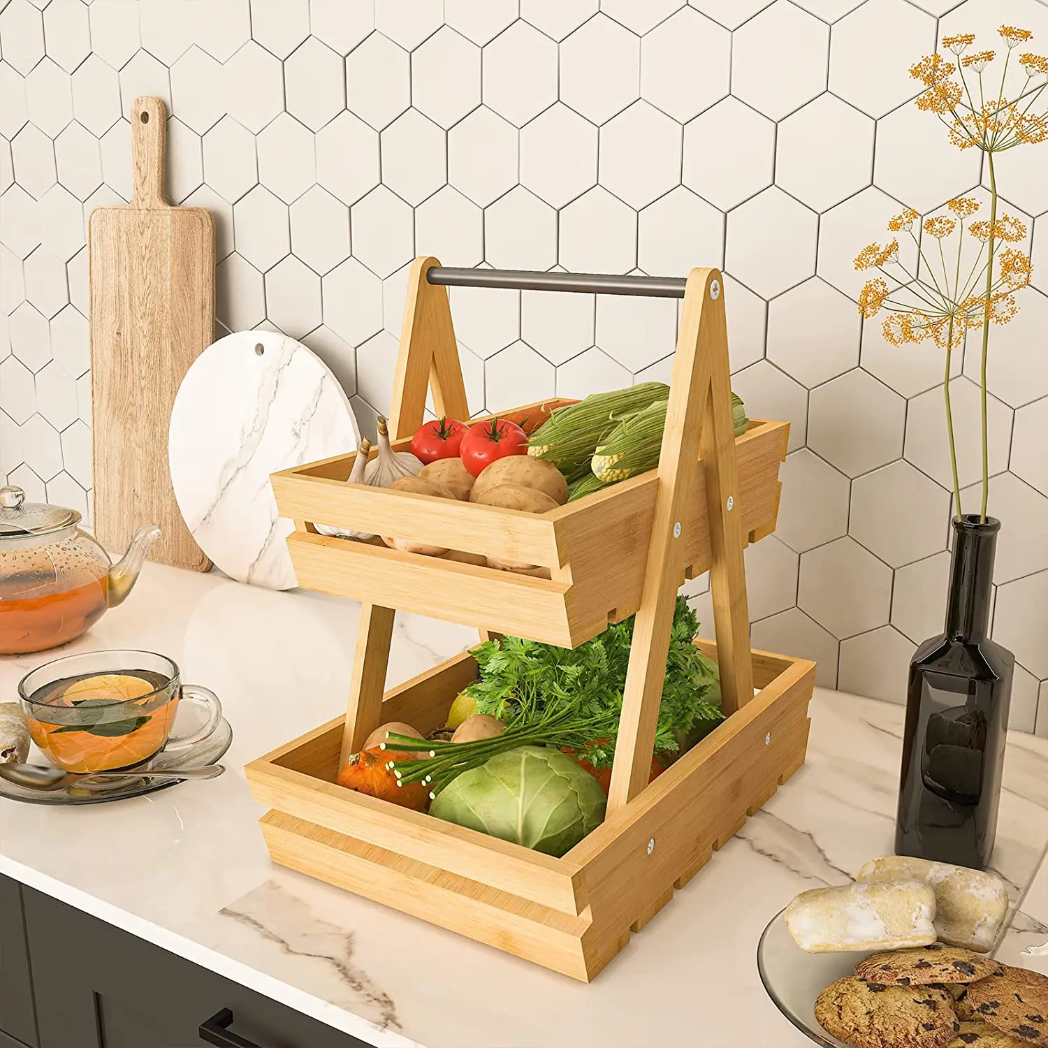 Large Capacity Storage Holder for Vegetables Bread Bamboo Fruit Basket With Handle