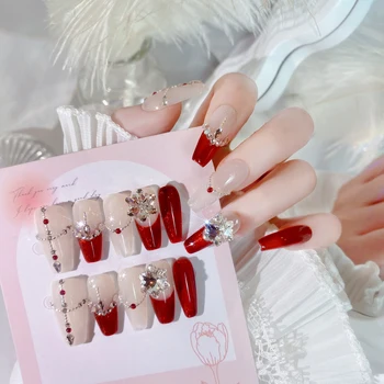 Artificial False Nails  hand painted  beautiful luxury Rhinestone handmade red Press On Nails with Five-piece tool