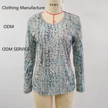 Wholesale Custom Mesh Fabric Spring and Autumn Women's Wear 2025 New Fashion Printed Long Sleeve T-Shirt Round Neck Casual Tops