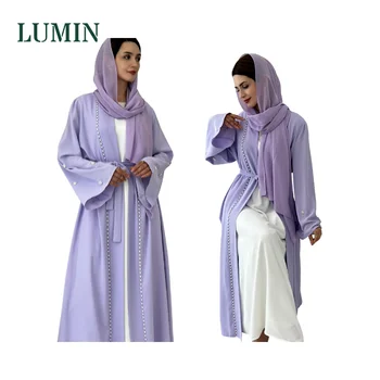 Lumin Custom Luxury Dubai Modest Abayas for Women Sparkly Open Kimono Style Islamic Clothing Rhinestone for Traditional Muslim