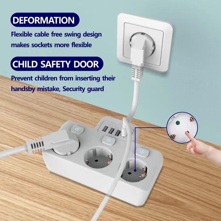 2025 New Extension Lead with USB 3 Way Power Strip with 3 USB 1 Type C EU Power Socket with Switch 10 CM Extension Cord