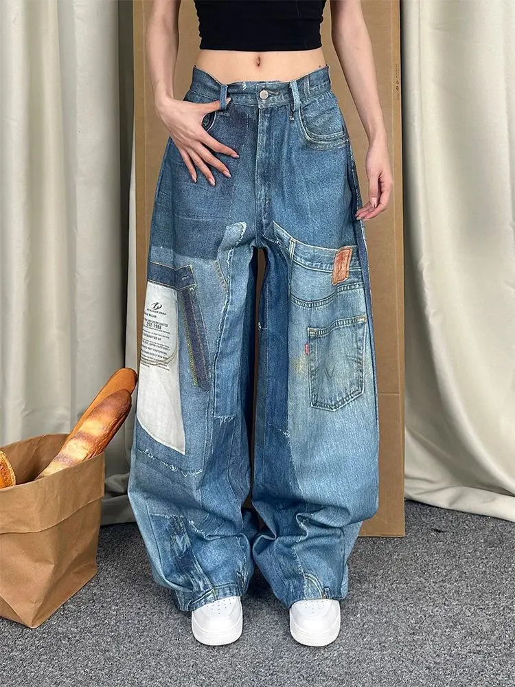 Custom Washed Washed Rhinestone Wide Leg Jeans Denim Pants Wide Leg Denim Jeans Baggy Women's Pants Women Jeans