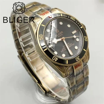 BLIGER Bronze 39mm NH35A Automatic Movement Mechanical Men's Watch Dome Sapphire Crystal Green luminous stainless steel bracelet