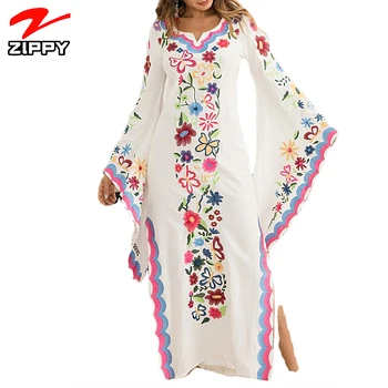 2021 Clothing Long Sleeve Beach Bohemian Dresses Ladies O Neck Floral Maxi Casual Boho Dress With kimono sleeve