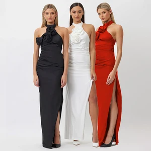 ZYHT 70062 Formal Maxi Sheath Gown Spandex Polyester Halter 3D Flower Sleeveless Summer Maxi Party Club Evening Dress