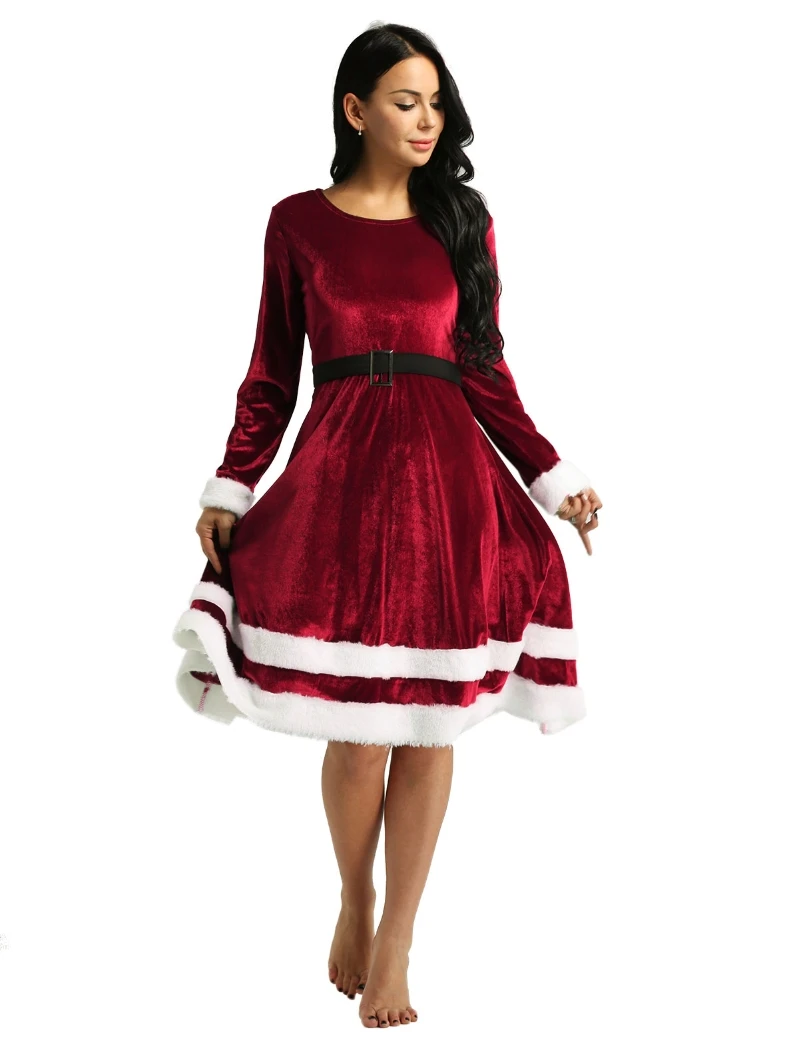 Women Adult Christmas Velvet Fancy Dress Santa Claus Costume