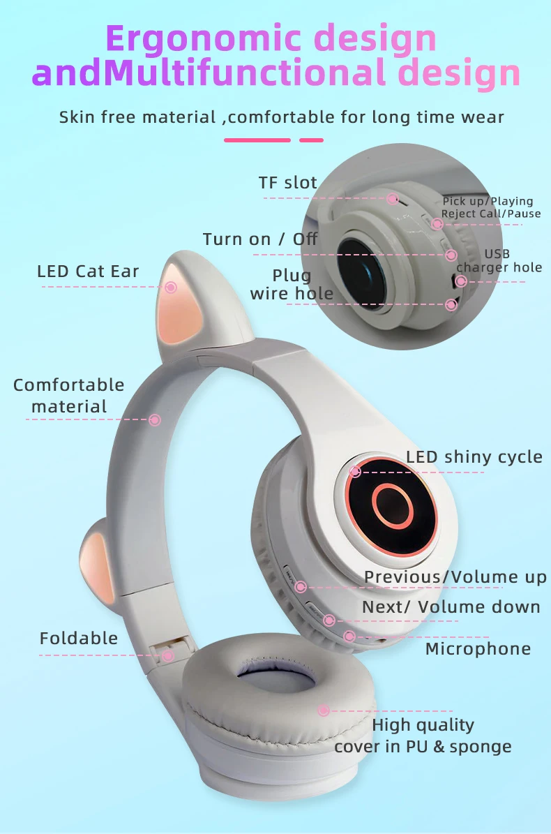 Dropshipping Products 2021 New Gaming Waterproof Sport Stereo Computer Phone Music Children Cute Cat Ears Headset Wireless Headphones - ANKUX.COM