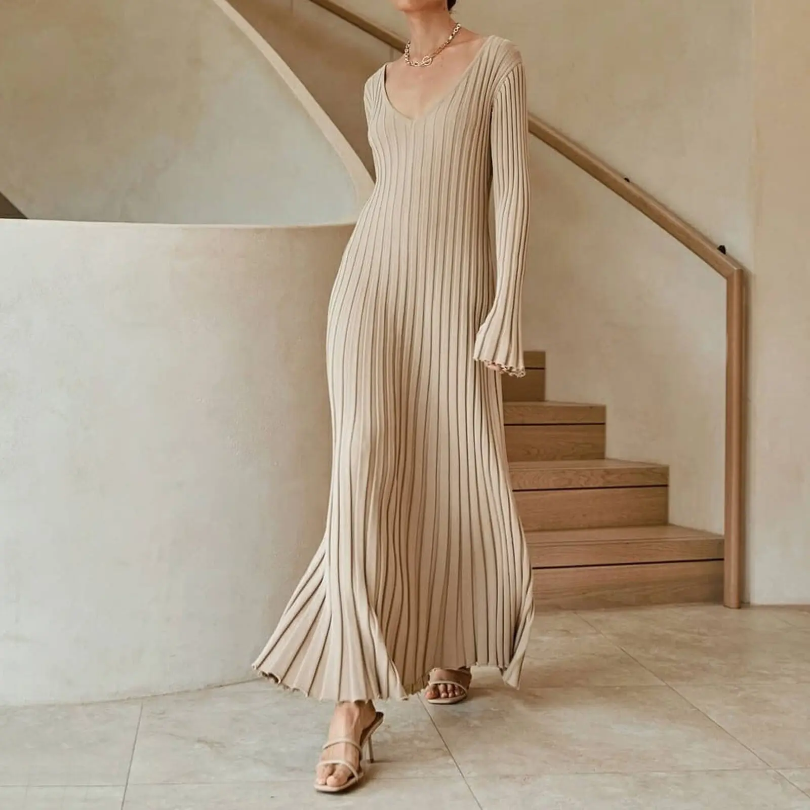 2024 Custom Pullover Knit Ribbed Lounge Dress Cotton Blend Ladies Long Sleeve Slim Fit Pencil Party Sweater Dresses For Women