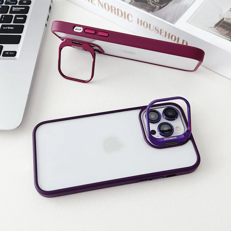 Luxury Metal Invisible Camera Stand Phone Case Clear PC Back Case With Frame Lens Protector Bracket for iPhone 15 14 13 Pro Max