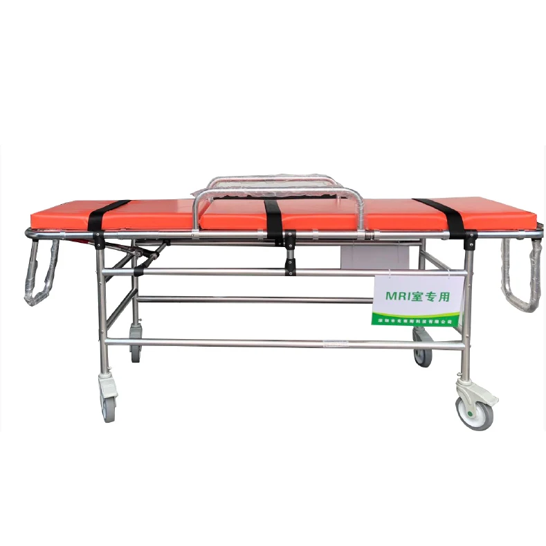 Medical Instruments Hospital Non Magnetic Back Adjustable MRI Patient Transfer Trolley With Rails Wheels Price