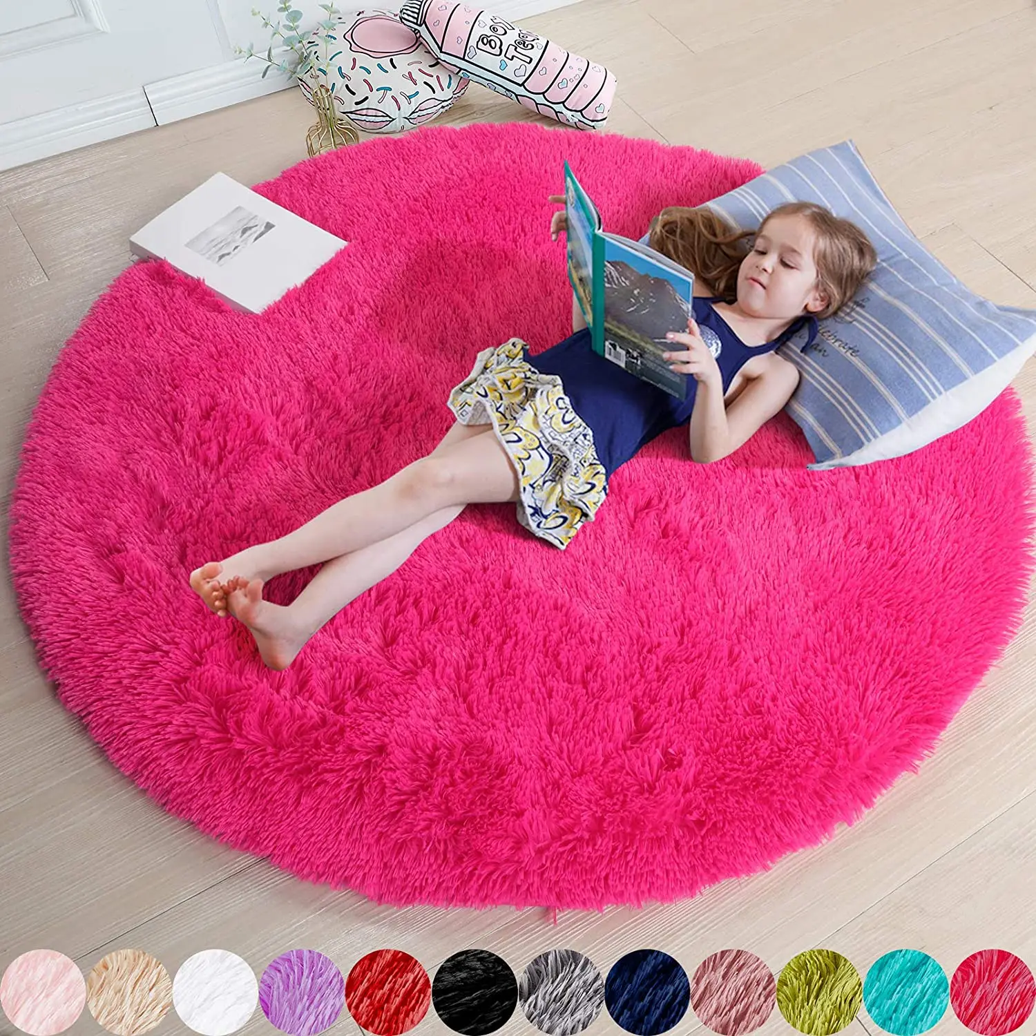 Pink Round Rug for Girls Bedroom Shaggy Circular Rug for Nursery Room