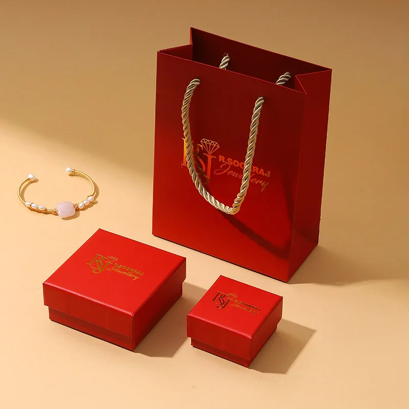 Wholesale  Red Lid Kraft Lid Jewelry Box Set Kraft Paper Bag Custom Logo Packaging for Ring Earring Necklace factory