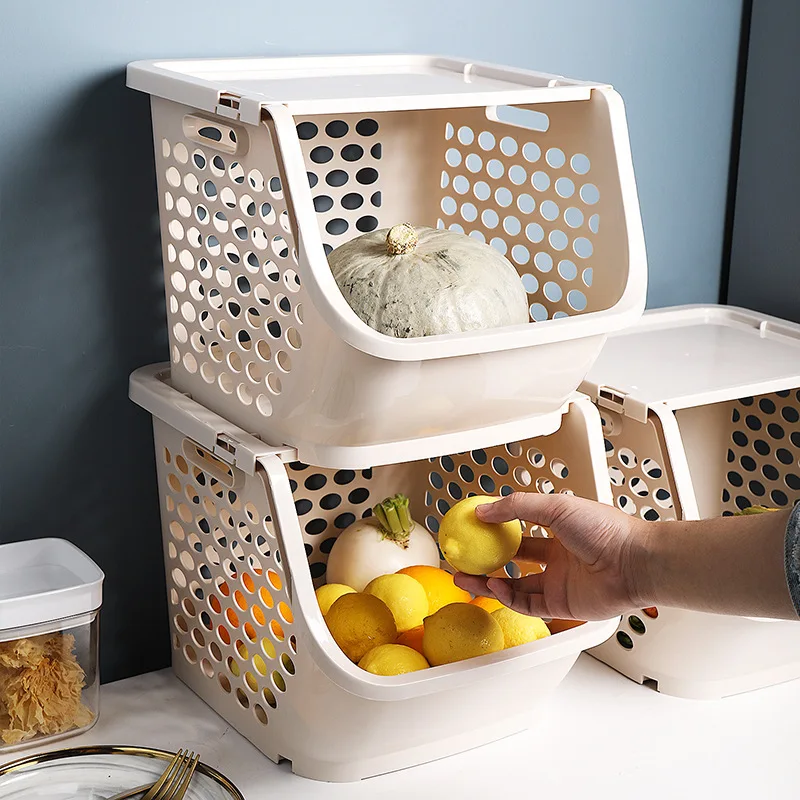 Multifunctional floor shelf large stackable kitchen plastic square lattice fruit and vegetable storage basket thickened