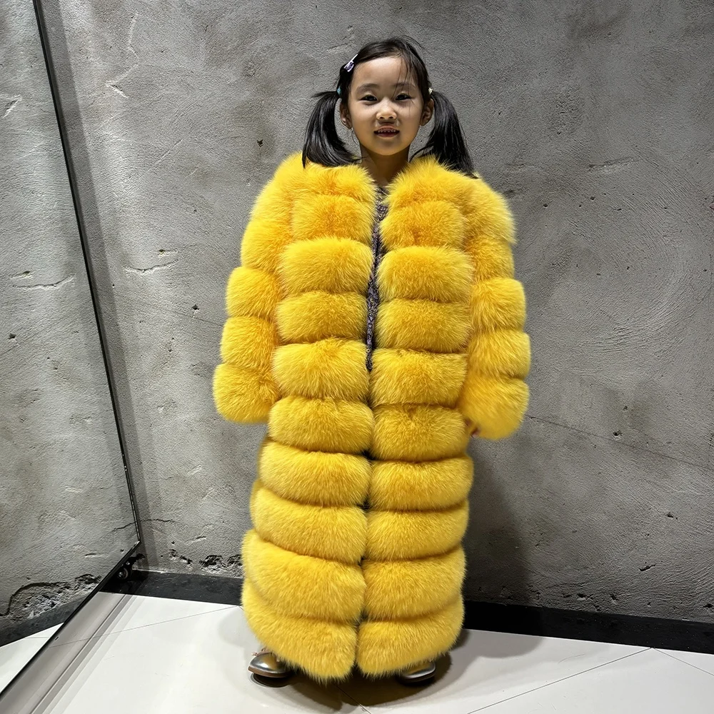 2024 Winter Warm Fluffy Yellow Long Fox Fur Coat for Kids