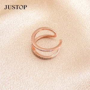 Adjustable Double Layer Brass & Rose Gold Plated Fashion Ring for Women Trendy Open Cuff Zircon Double Circle Finger Accessory