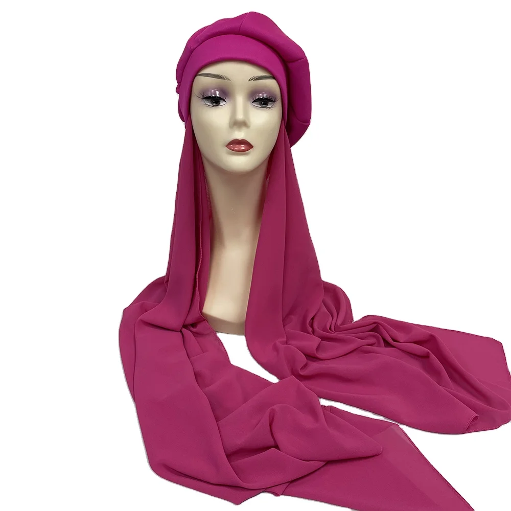 MH-1145 2024 оптовый поставщик, готовый к ношению мусульманский женский простой шифоновый шаль, мгновенный хиджаб с беретом