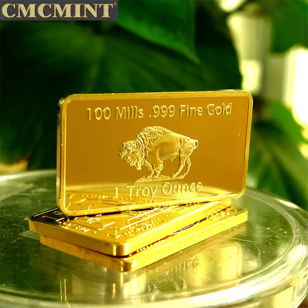 Wholesale Old coins 1 oz .100 Mills Gold Plated Brass Buffalo Bar